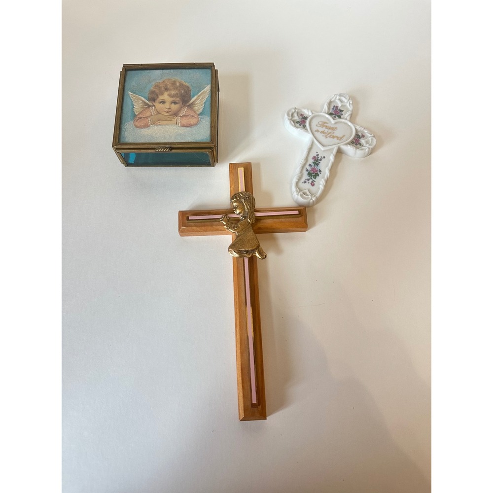 Vintage Religious Decor Set Enesco Trust in the Lord Cross Via Vermont Angel Box